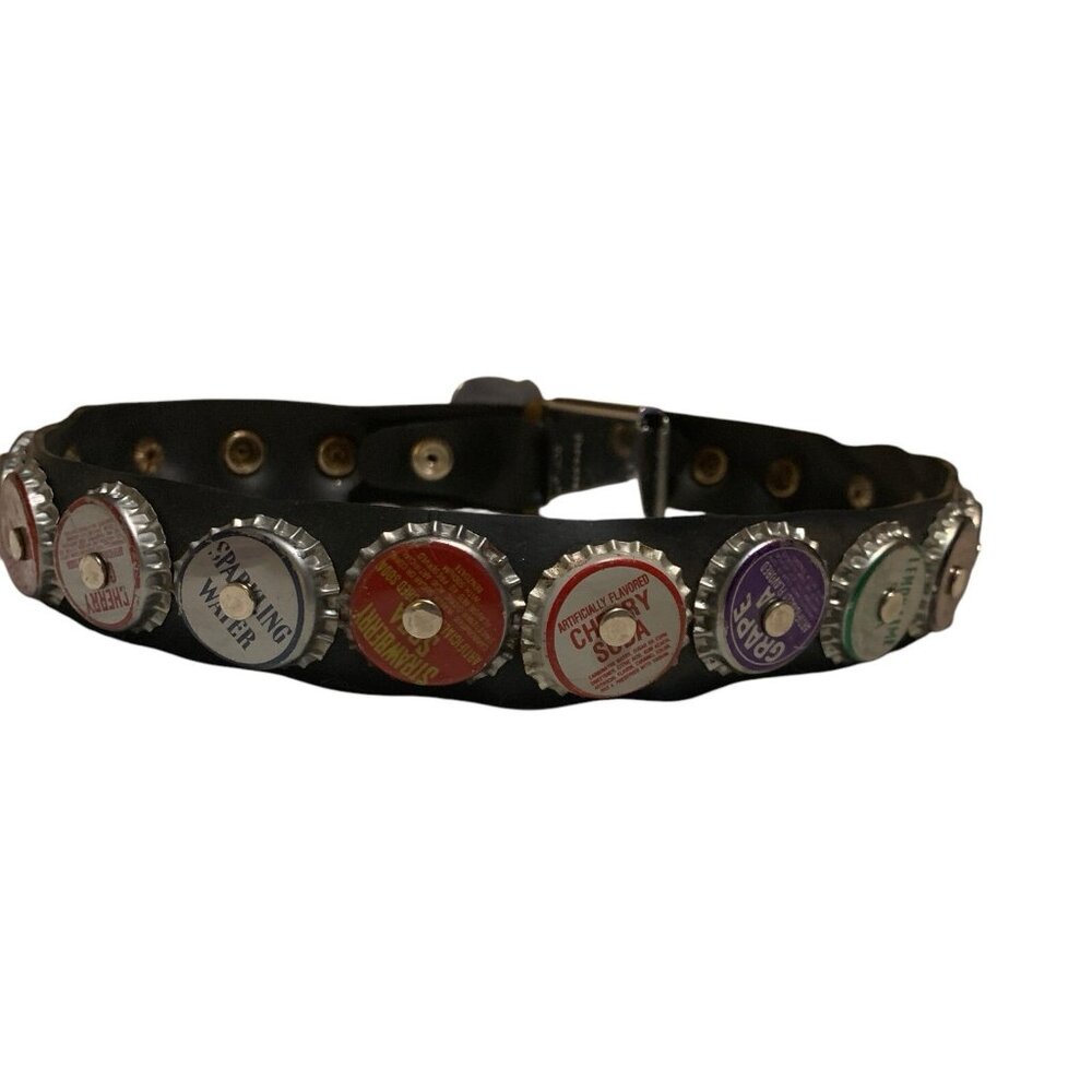 Vintage Hippie Belt Rubber Firestone Car Buckle w/Aged Bottle Caps Sz 31 Y2K 90s - Picture 7 of 13